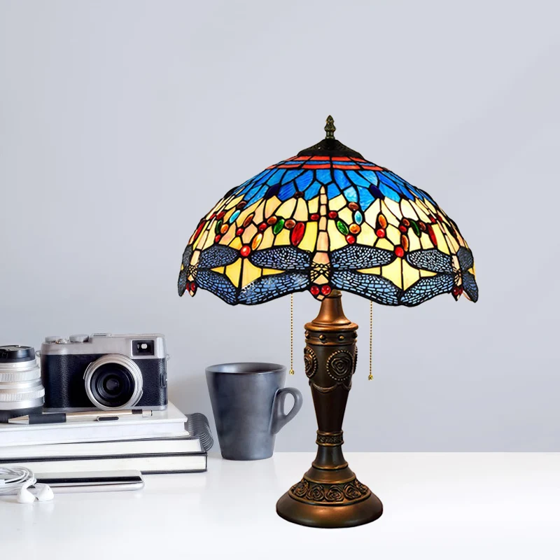 Mediterrane Libellen Juwelen Tafellamp 2 Lampen Blauw-Groen/Geel-Blauw Glazen Nachtkastje Licht Met Trekketting Schakelaar...