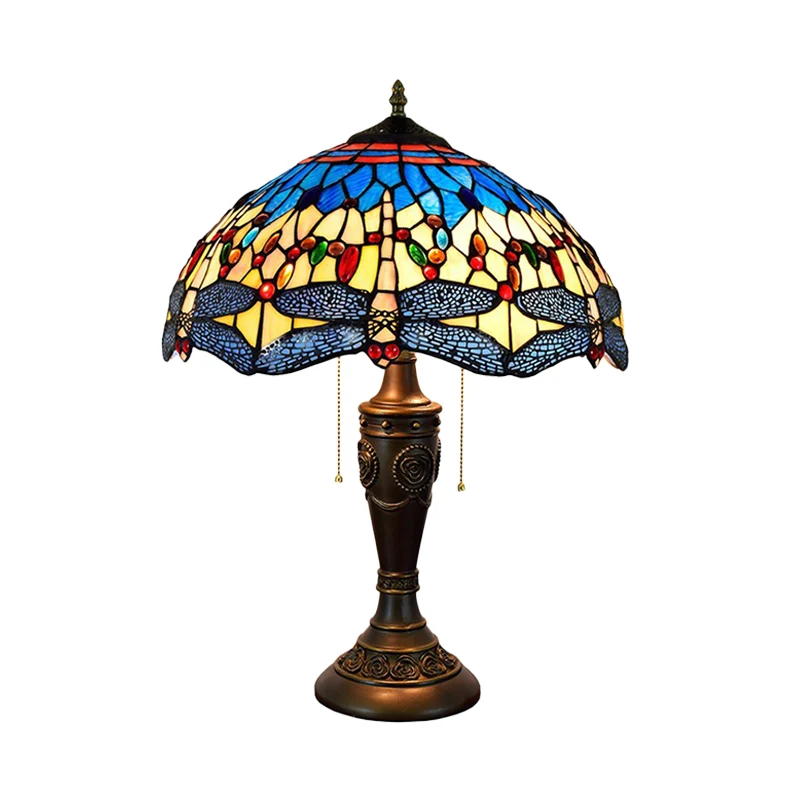 Mediterrane Libellen Juwelen Tafellamp 2 Lampen Blauw-Groen/Geel-Blauw Glazen Nachtkastje Licht Met Trekketting Schakelaar...