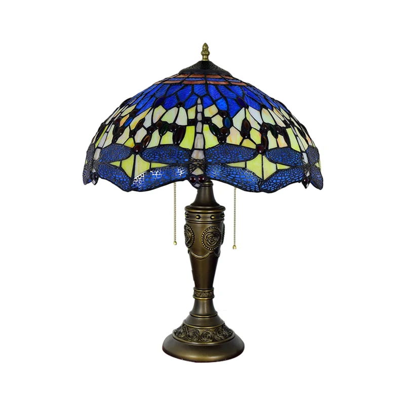 Mediterrane Libellen Juwelen Tafellamp 2 Lampen Blauw-Groen/Geel-Blauw Glazen Nachtkastje Licht Met Trekketting Schakelaar...