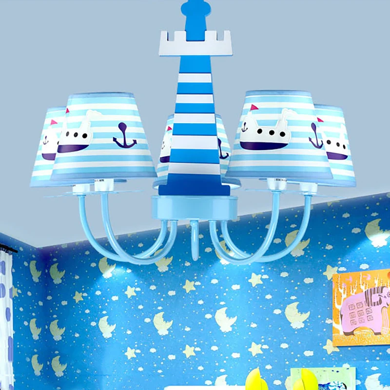 Mediterrane vuurtorenkroonluchter met scheepsmetaalblauwe hanglamp voor kinderslaapkamer Clearhalo
