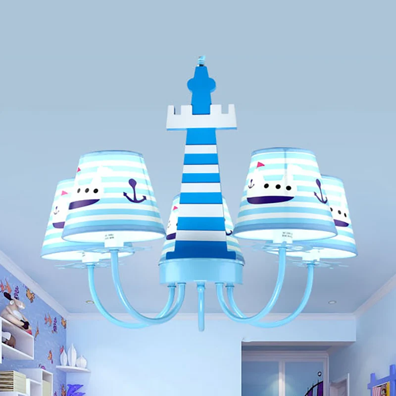 Mediterrane vuurtorenkroonluchter met scheepsmetaalblauwe hanglamp voor kinderslaapkamer Clearhalo