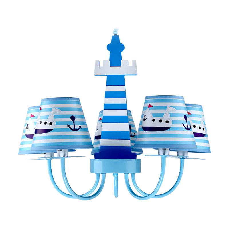 Mediterrane vuurtorenkroonluchter met scheepsmetaalblauwe hanglamp voor kinderslaapkamer Clearhalo