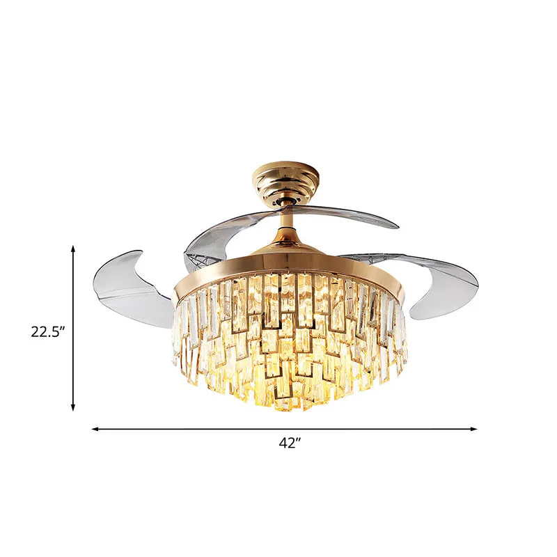 Meerlaags kristallen rechthoek semi-flush postmoderne eetkamer LED-plafondventilator met 3 bladen goud, 42 "breedte Clearhalo