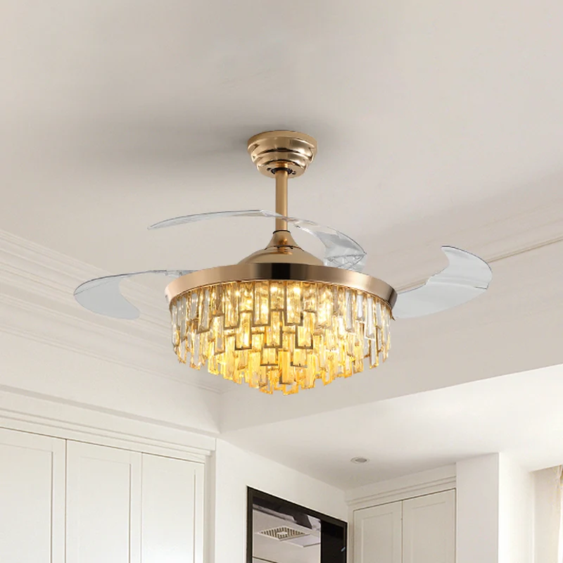 Meerlaags kristallen rechthoek semi-flush postmoderne eetkamer LED-plafondventilator met 3 bladen goud, 42 "breedte Clearhalo