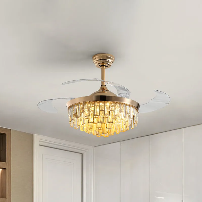 Meerlaags kristallen rechthoek semi-flush postmoderne eetkamer LED-plafondventilator met 3 bladen goud, 42 "breedte Clearhalo