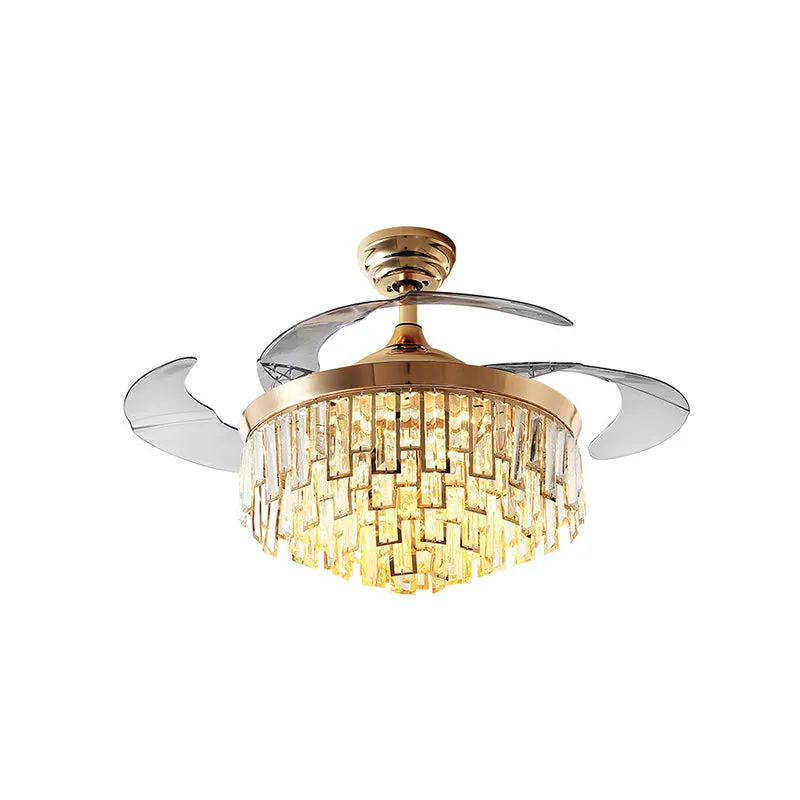 Meerlaags kristallen rechthoek semi-flush postmoderne eetkamer LED-plafondventilator met 3 bladen goud, 42 "breedte Clearhalo