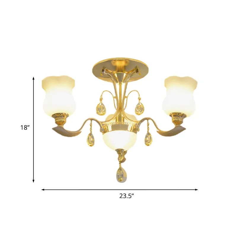 Melkglazen tulpbloem semi-inbouw moderne slaapkamer met 3 lampen dichtbij plafondlamp goud Clearhalo
