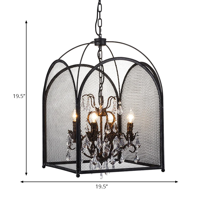 Mesh Cage Kroonluchter Lamp Modernisme Kristal 4 Hoofden Hangende Lichtset Zwart voor Woonkamer Clearhalo