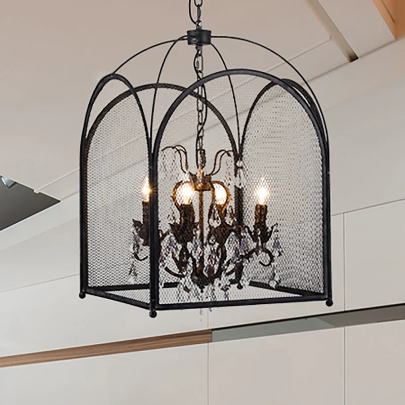 Mesh Cage Kroonluchter Lamp Modernisme Kristal 4 Hoofden Hangende Lichtset Zwart voor Woonkamer Clearhalo