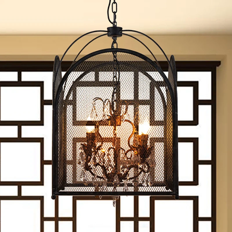 Mesh Cage Kroonluchter Lamp Modernisme Kristal 4 Hoofden Hangende Lichtset Zwart voor Woonkamer Clearhalo