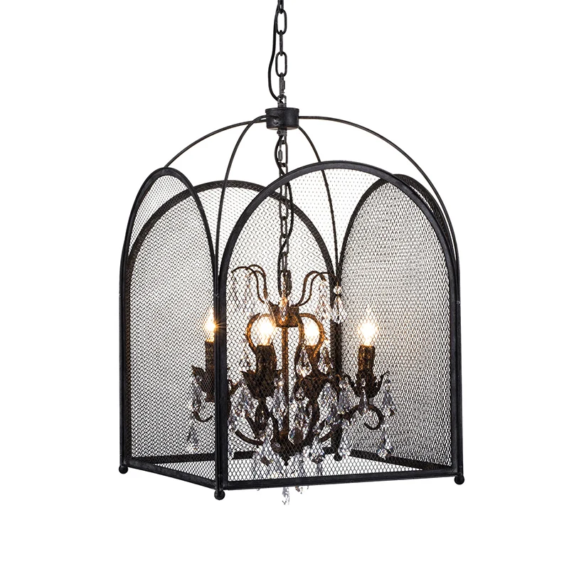 Mesh Cage Kroonluchter Lamp Modernisme Kristal 4 Hoofden Hangende Lichtset Zwart voor Woonkamer Clearhalo