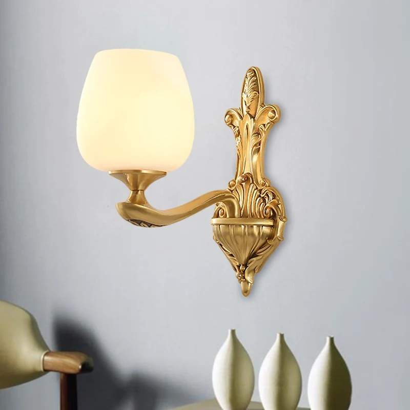 Messing 1/2-licht wandkandelaar platteland crème glazen bekervorm wandverlichtingsarmatuur voor slaapkamer Clearhalo