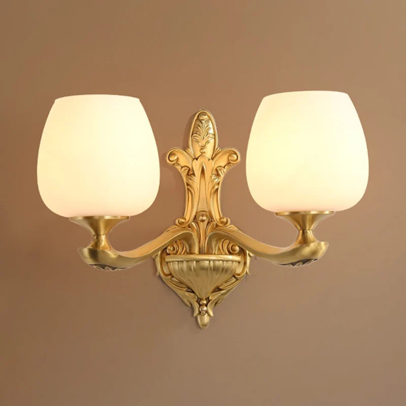Messing 1/2-licht wandkandelaar platteland crème glazen bekervorm wandverlichtingsarmatuur voor slaapkamer Clearhalo