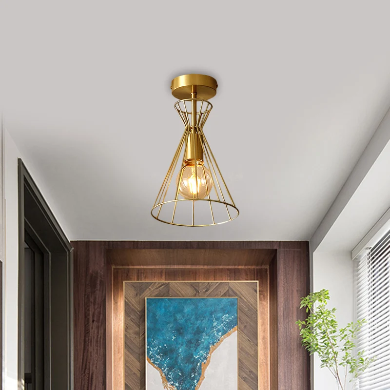 Messing 1-kops semi-flush retro-stijl metalen uitlopende frame plafondlamp voor trap Clearhalo