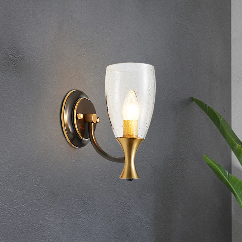 Messing 1-lichts wandlamp, vintage helder gezaaid glas, conische wandlamp Clearhalo