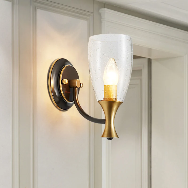 Messing 1-lichts wandlamp, vintage helder gezaaid glas, conische wandlamp Clearhalo