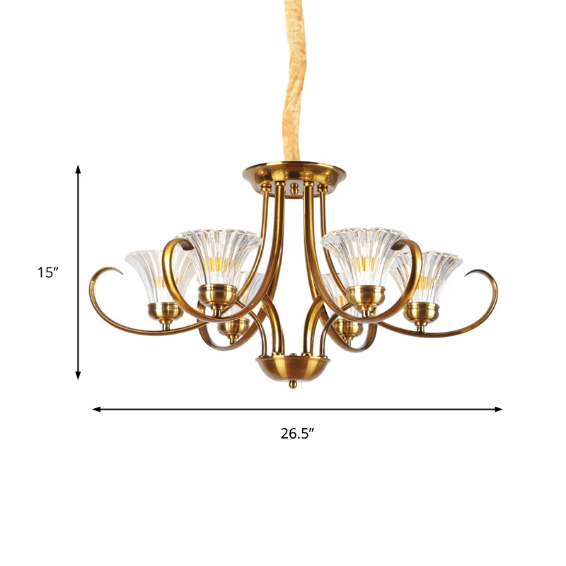 Messing 3/6-lichts kroonluchter lichtarmatuur Klassieke helder geribbelde glazen scroll-hanglamp met belkap Clearhalo