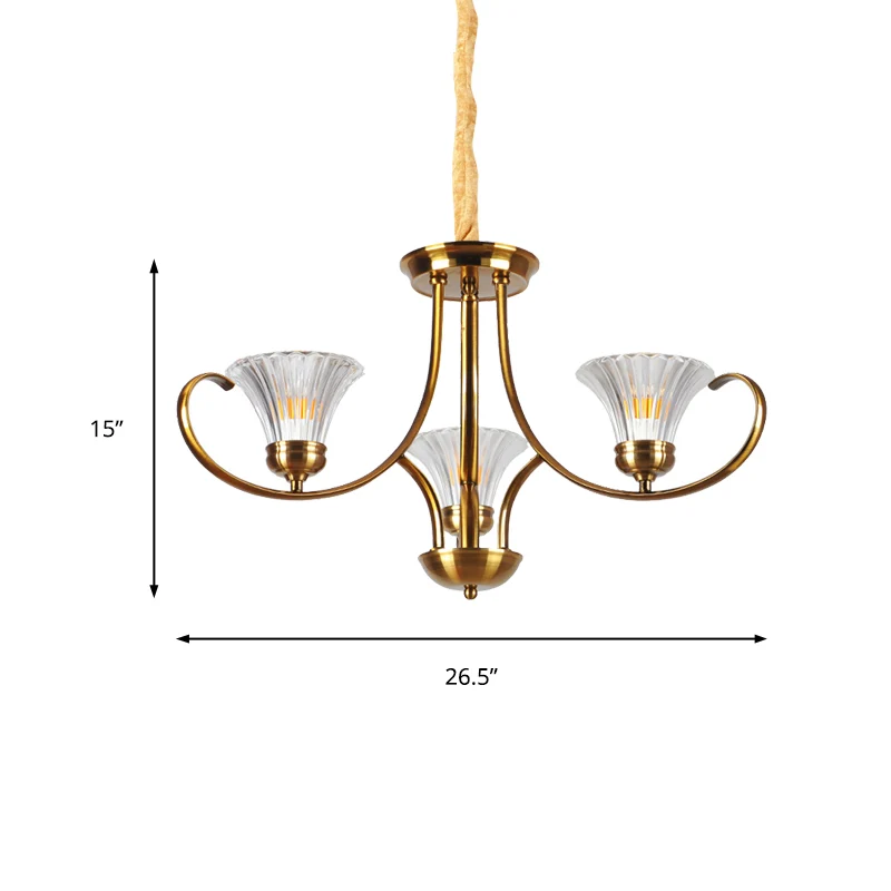 Messing 3/6-lichts kroonluchter lichtarmatuur Klassieke helder geribbelde glazen scroll-hanglamp met belkap Clearhalo