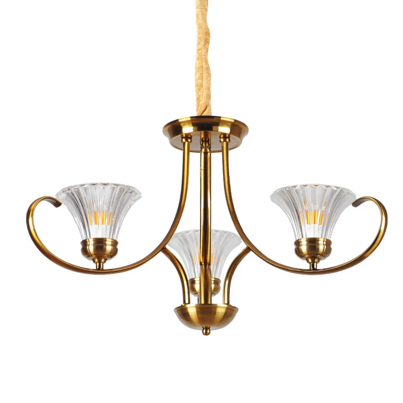 Messing 3/6-lichts kroonluchter lichtarmatuur Klassieke helder geribbelde glazen scroll-hanglamp met belkap Clearhalo
