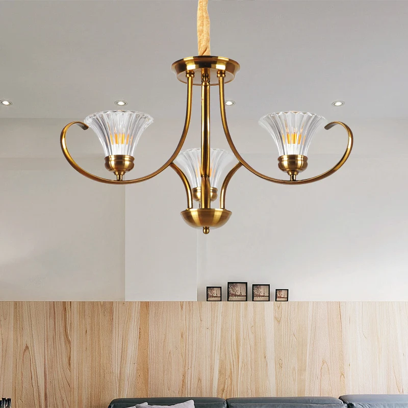 Messing 3/6-lichts kroonluchter lichtarmatuur Klassieke helder geribbelde glazen scroll-hanglamp met belkap Clearhalo
