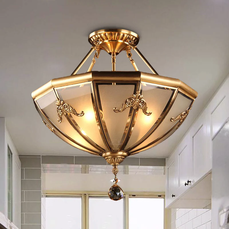 Messing 4-lichts semi-inbouw kroonluchter traditionele gebogen matglazen koepel plafondmontage licht voor woonkamer Clearhalo