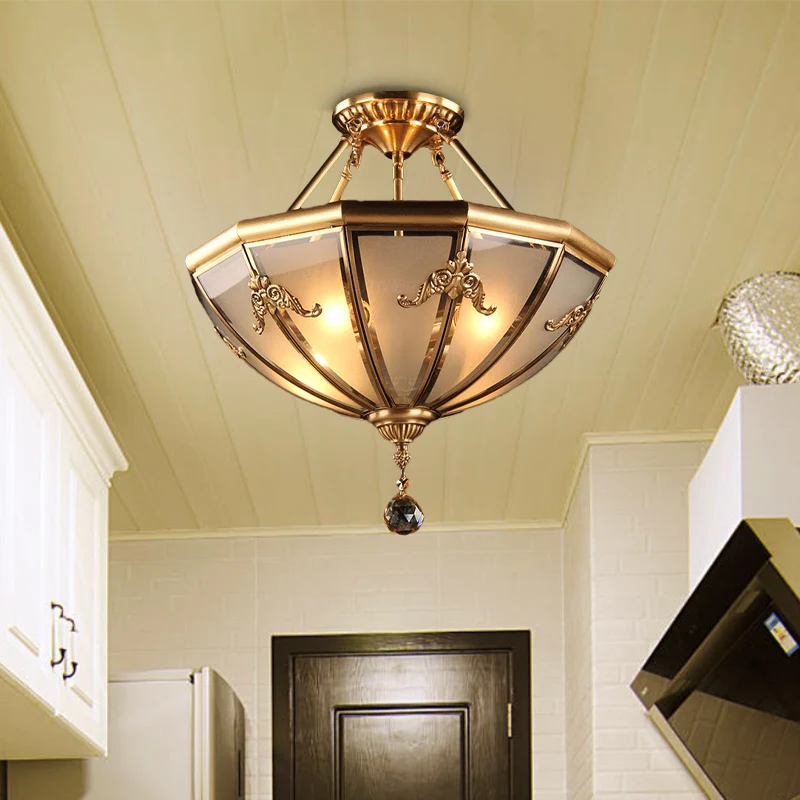 Messing 4-lichts semi-inbouw kroonluchter traditionele gebogen matglazen koepel plafondmontage licht voor woonkamer Clearhalo