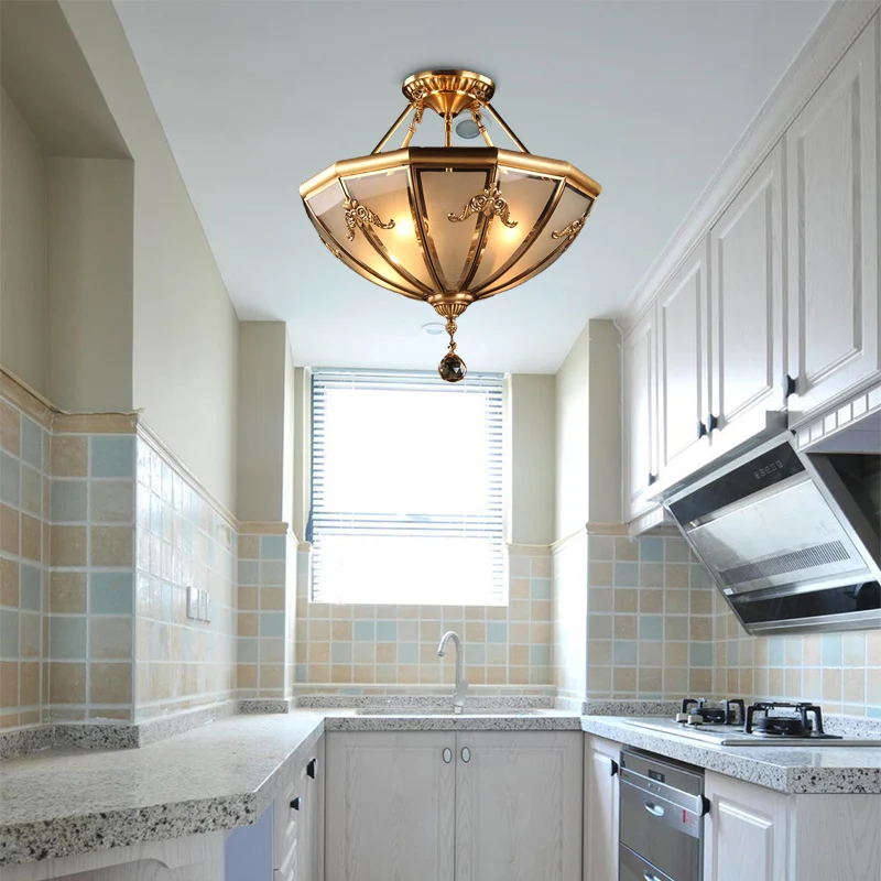 Messing 4-lichts semi-inbouw kroonluchter traditionele gebogen matglazen koepel plafondmontage licht voor woonkamer Clearhalo