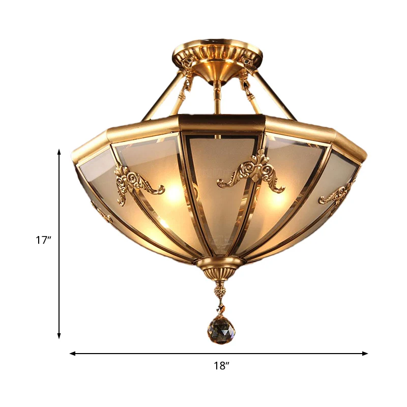 Messing 4-lichts semi-inbouw kroonluchter traditionele gebogen matglazen koepel plafondmontage licht voor woonkamer Clearhalo