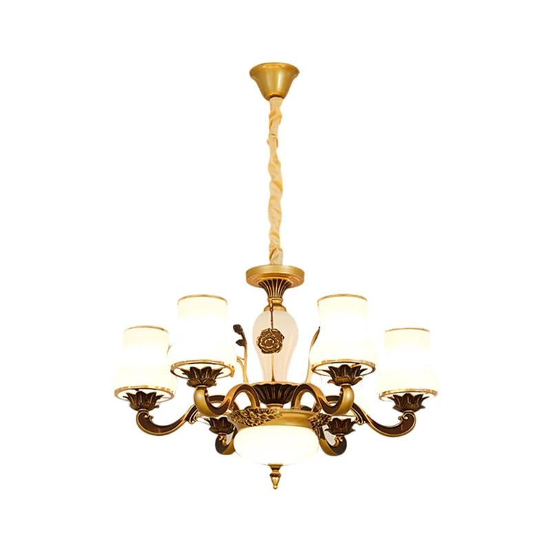 Messing 6/8-koppige hanglamp retrostijl, melkachtige glazen potachtige hangende plafondlamp voor de woonkamer Clearhalo