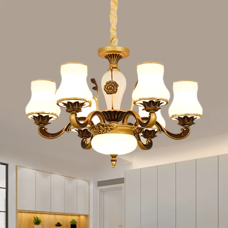 Messing 6/8-koppige hanglamp retrostijl, melkachtige glazen potachtige hangende plafondlamp voor de woonkamer Clearhalo