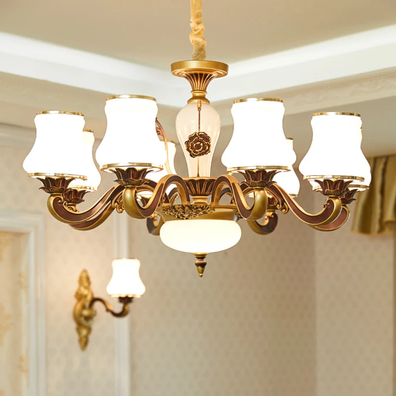 Messing 6/8-koppige hanglamp retrostijl, melkachtige glazen potachtige hangende plafondlamp voor de woonkamer Clearhalo