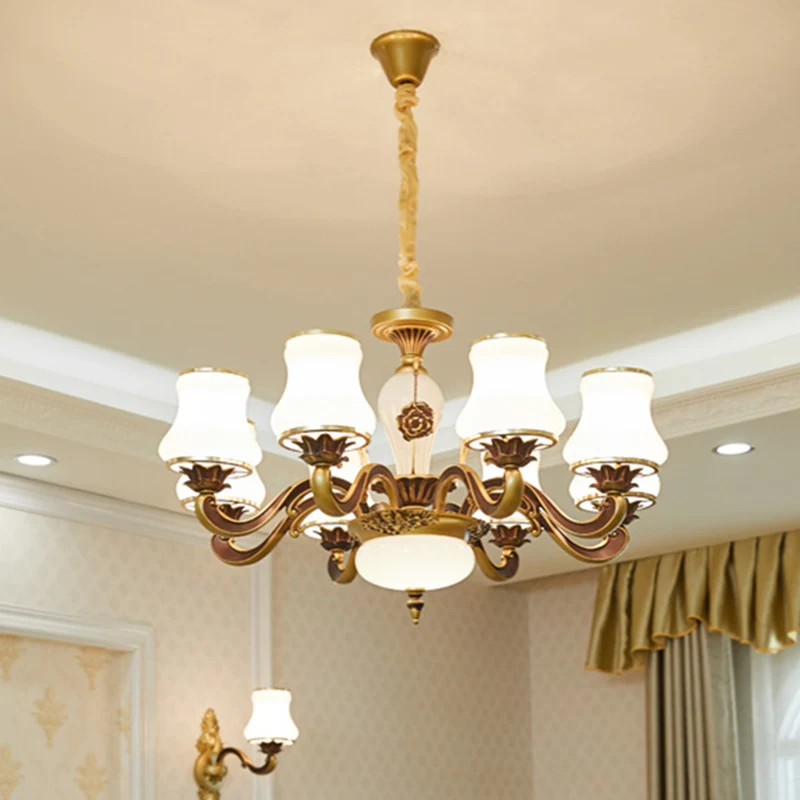 Messing 6/8-koppige hanglamp retrostijl, melkachtige glazen potachtige hangende plafondlamp voor de woonkamer Clearhalo