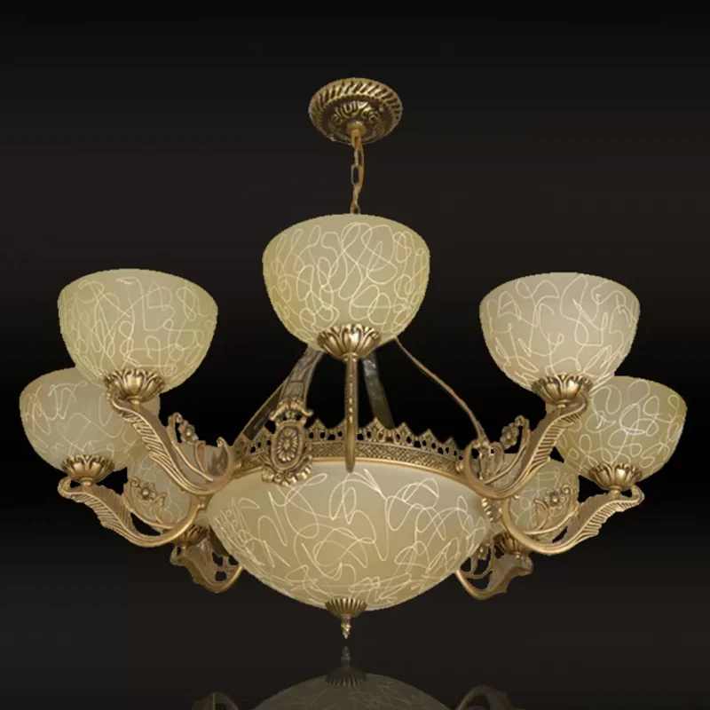 Messing afwerking 11-koppige kroonluchter Traditionele matglazen kom Plafondophanglamp Clearhalo