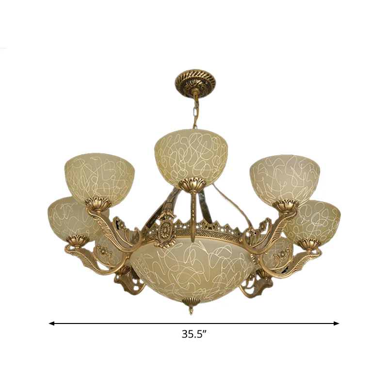 Messing afwerking 11-koppige kroonluchter Traditionele matglazen kom Plafondophanglamp Clearhalo