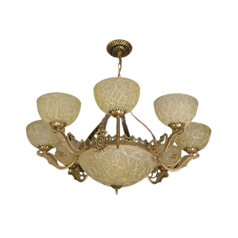 Messing afwerking 11-koppige kroonluchter Traditionele matglazen kom Plafondophanglamp Clearhalo