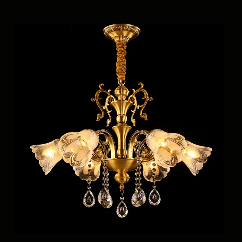 Messing bloem hangende kroonluchter retro helder glas 6 lampen woonkamer hanglamp met kristallen drapering Clearhalo