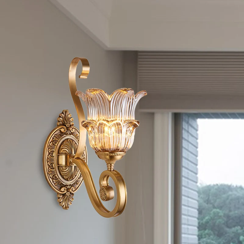 Messing Bloemen Schans Lichtpunt Vintage Helder Prismatisch Glas 1/2 Lichten Woonkamer LED Wandmontage Lamp Clearhalo