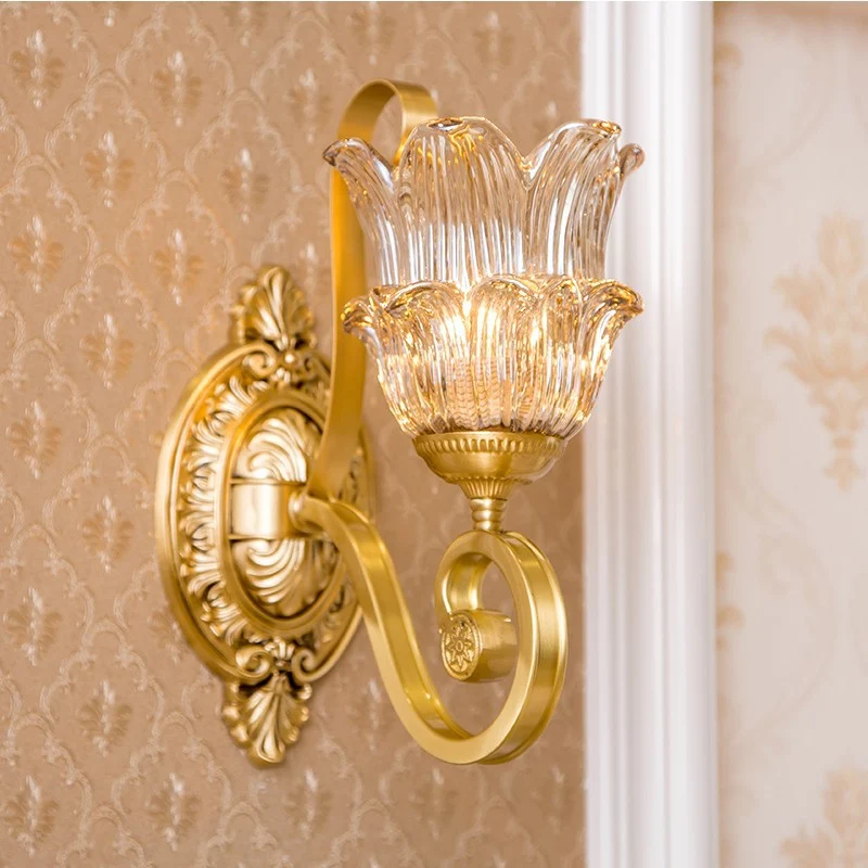 Messing Bloemen Schans Lichtpunt Vintage Helder Prismatisch Glas 1/2 Lichten Woonkamer LED Wandmontage Lamp Clearhalo