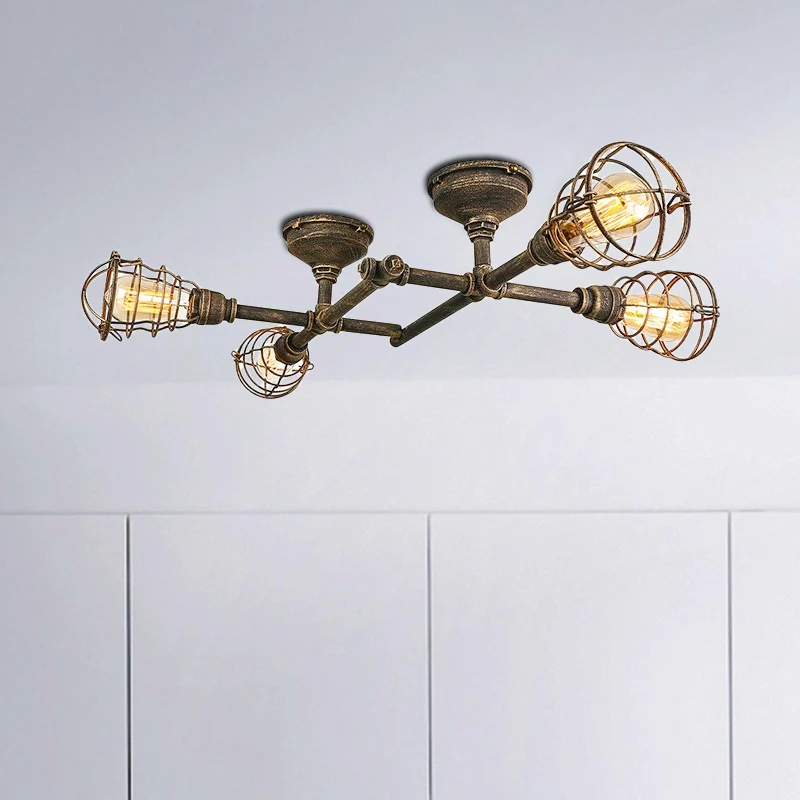 Messing draadkooi semi-inbouw licht vintage industrieel ijzer 4/6/8 hoofden woonkamer plafondverlichting met pijp Clearhalo