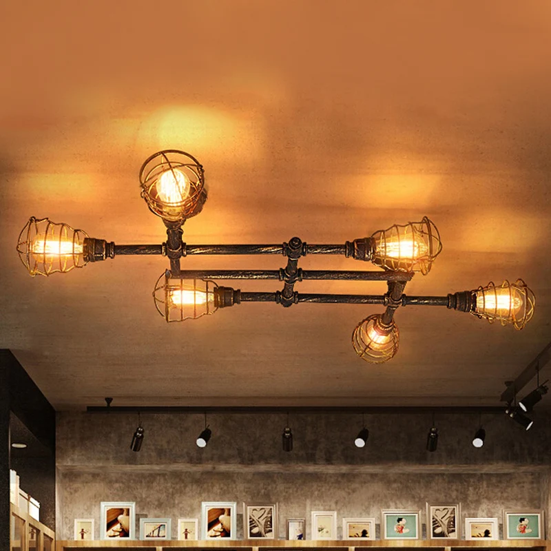 Messing draadkooi semi-inbouw licht vintage industrieel ijzer 4/6/8 hoofden woonkamer plafondverlichting met pijp Clearhalo
