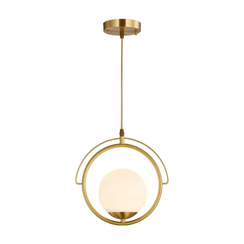Messing hangende plafondlamp met ring, postmoderne metalen hanglamp met 1 kop en bolvormige witte glazen kap Clearhalo
