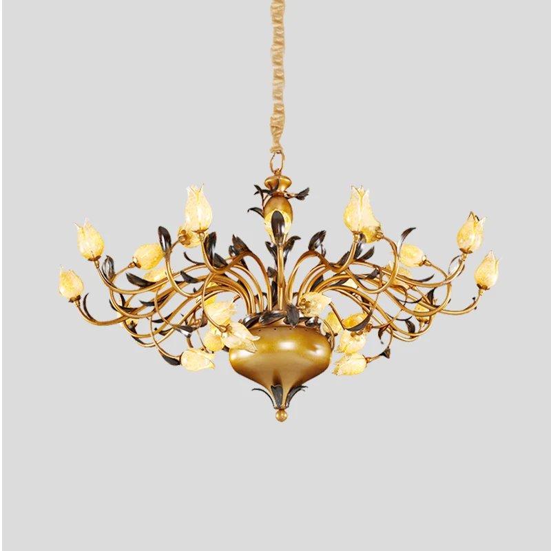 Messing 30 Heads Kroonluchter Verlichting Vintage Metalen Tulp LED Hangende Plafondlamp voor Woonkamer Clearhalo