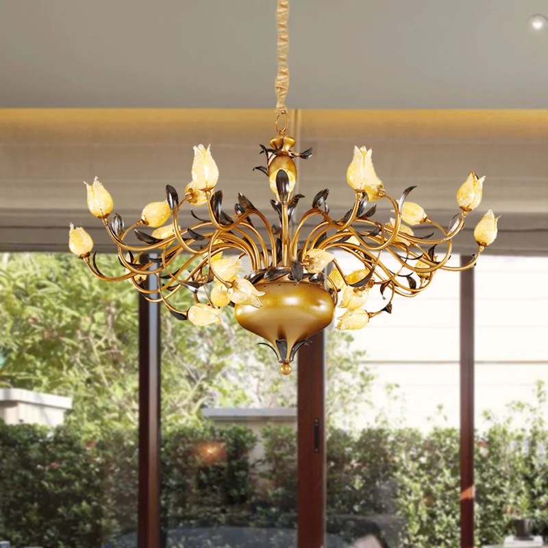 Messing 30 Heads Kroonluchter Verlichting Vintage Metalen Tulp LED Hangende Plafondlamp voor Woonkamer Clearhalo