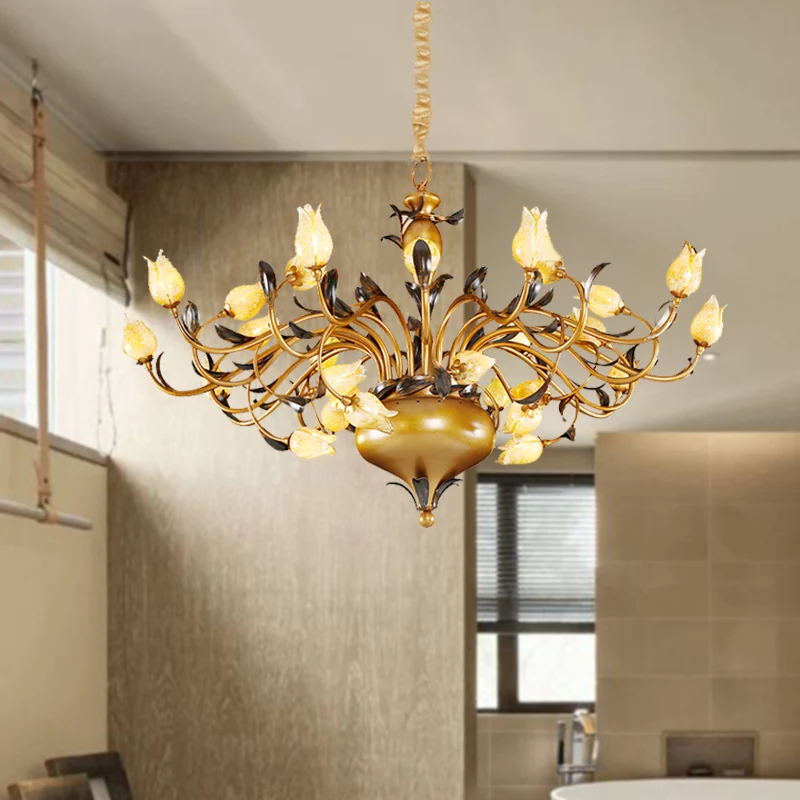 Messing 30 Heads Kroonluchter Verlichting Vintage Metalen Tulp LED Hangende Plafondlamp voor Woonkamer Clearhalo