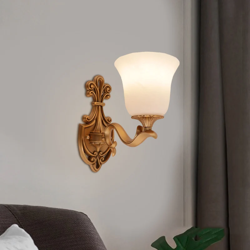 Messing 1 hoor wandlamp platteland opaalglas klokvormige wandkandelaar verlichting met ronde arm Clearhalo