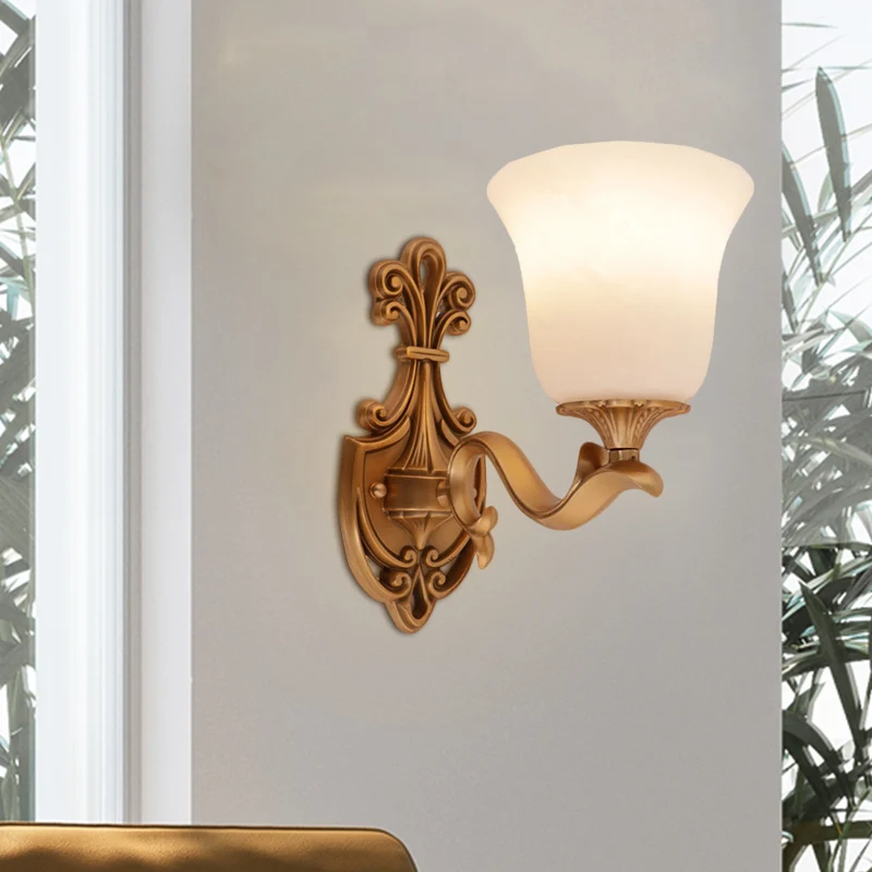 Messing 1 hoor wandlamp platteland opaalglas klokvormige wandkandelaar verlichting met ronde arm Clearhalo