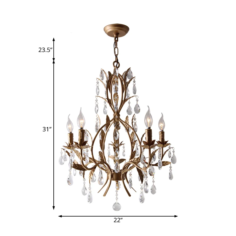 Messing kaars kroonluchterlamp retro 5-kops metalen plafondhanglamp met kristallen traan Clearhalo