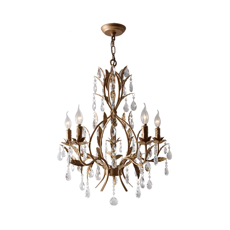 Messing kaars kroonluchterlamp retro 5-kops metalen plafondhanglamp met kristallen traan Clearhalo