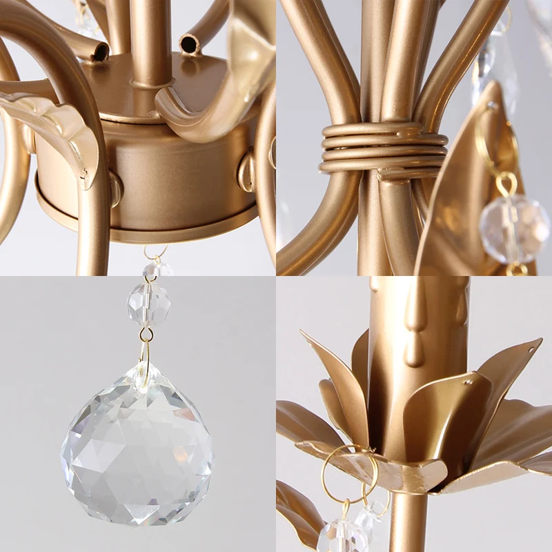 Messing kaars kroonluchterlamp retro 5-kops metalen plafondhanglamp met kristallen traan Clearhalo