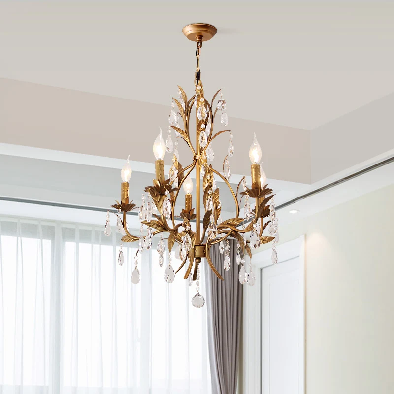 Messing kaars kroonluchterlamp retro 5-kops metalen plafondhanglamp met kristallen traan Clearhalo